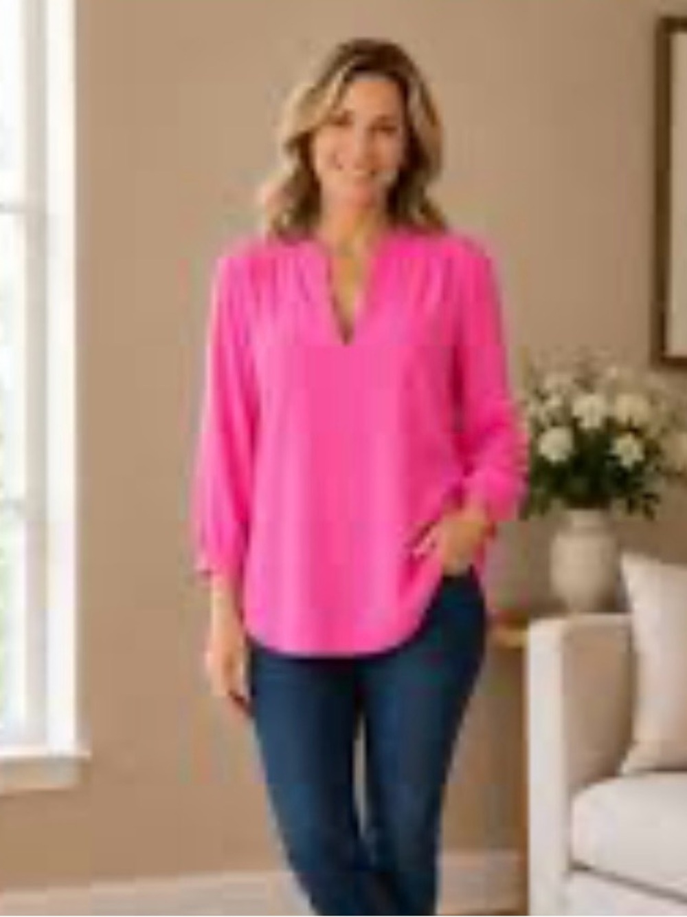Amanda Uprichard Silk Hot Pink V-Neck Tunic Blouse Size Small Preppy Work